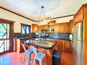 Fridge, microwave, oven, stovetop - Casa Nirvana Apartment @ Turtle Beach, West Bay Rd (Roatán)