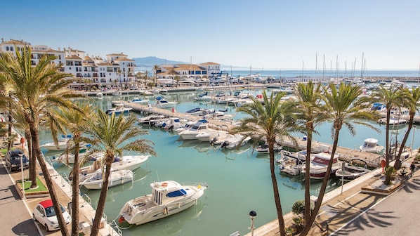 A marina with boats docked, palm trees, and buildings in the background.