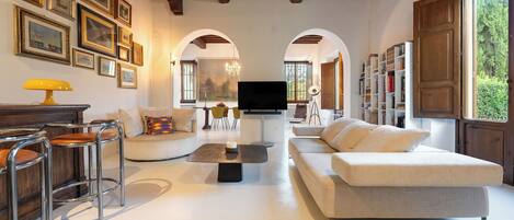 Smart TV, fireplace, books, computer monitors