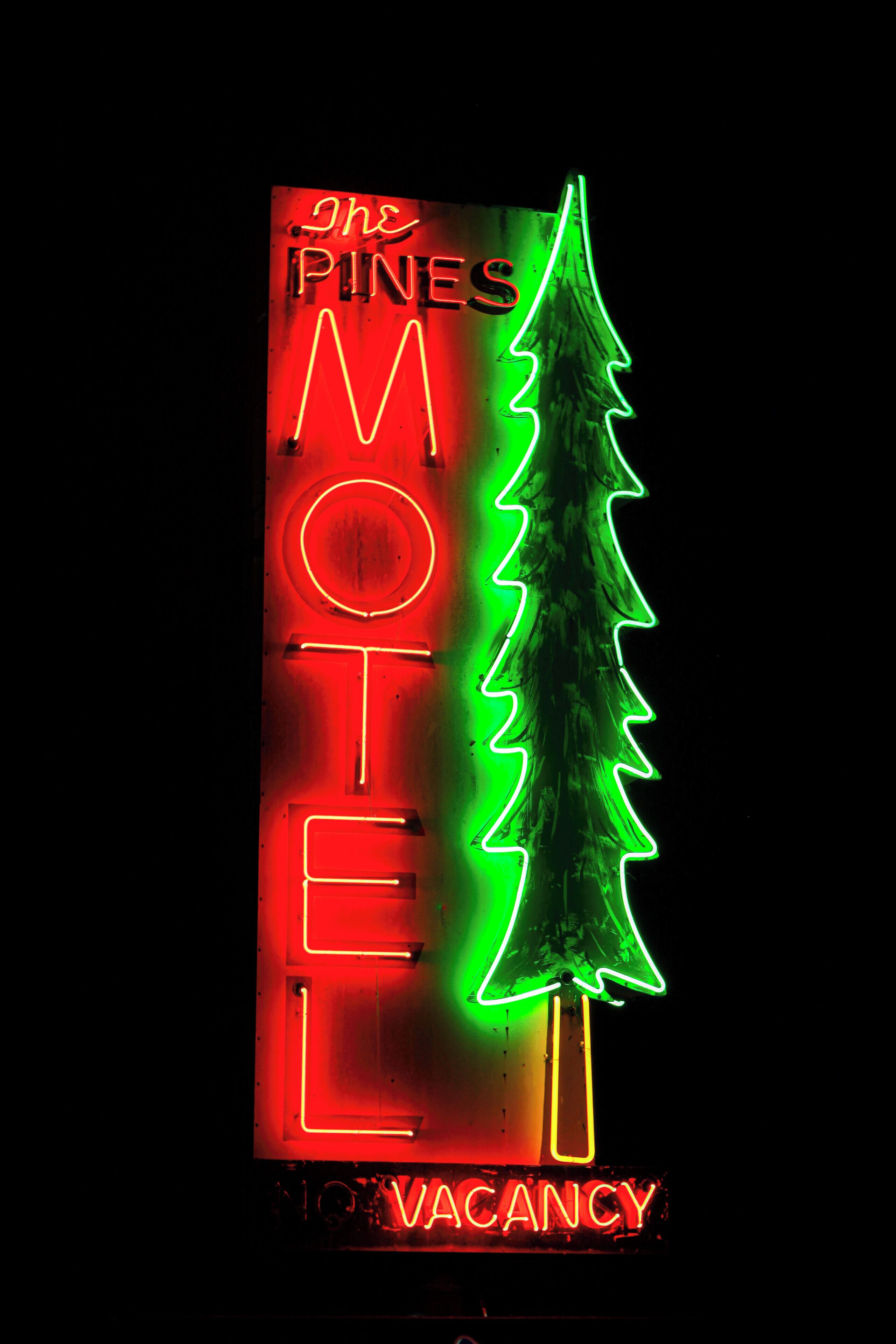 A neon sign for 'The Pines Motel' with a tree silhouette.