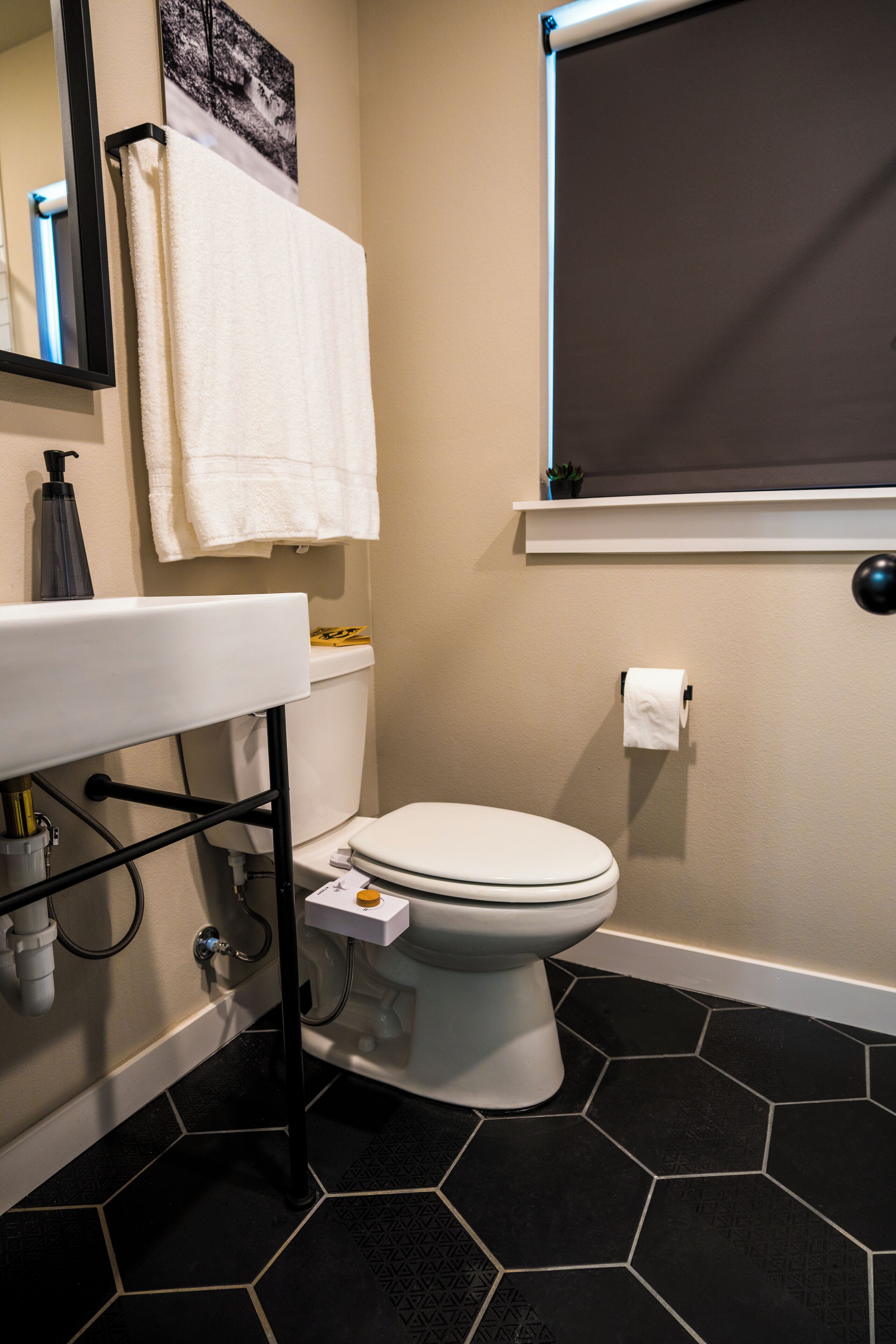 Une salle de bain avec des toilettes, un lavabo et un miroir.