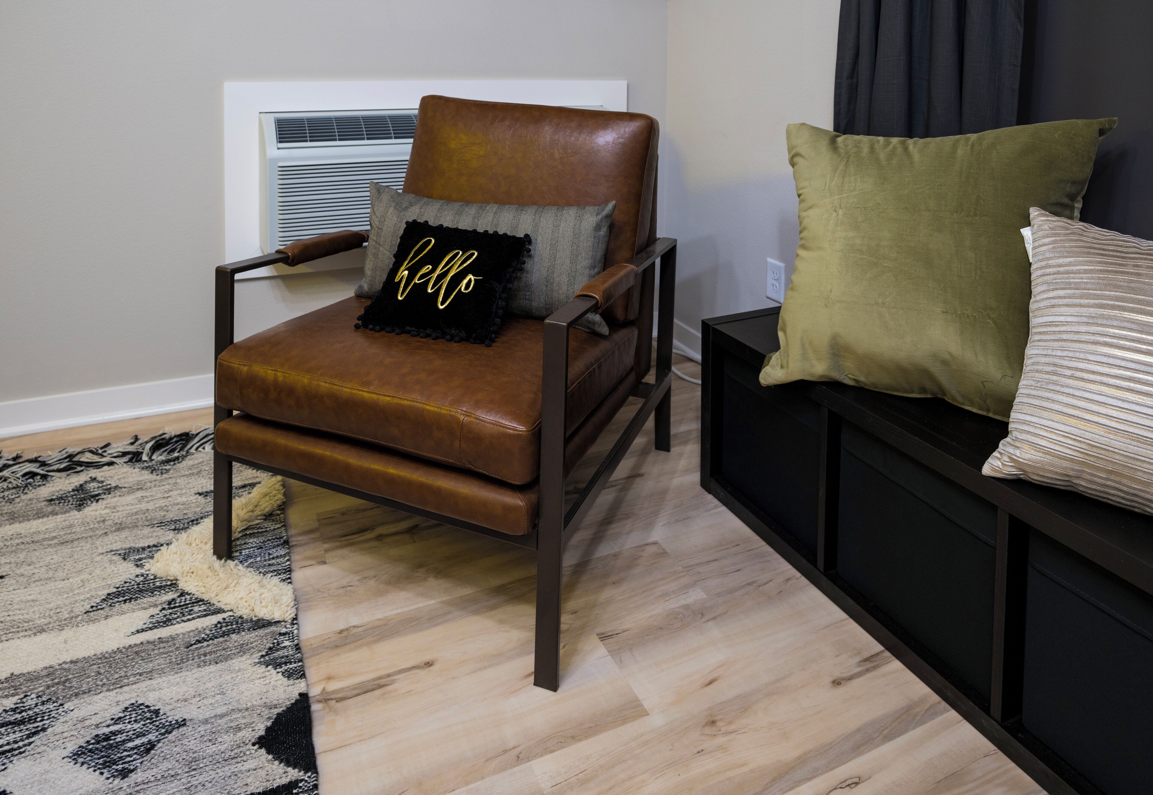 A brown leather armchair with a 'hello' pillow, a patterned rug, and a black and white striped pillow on a black sofa.