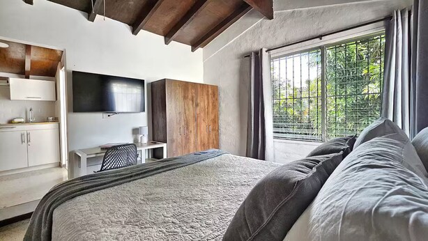 A bedroom with a bed, a TV, a wardrobe, and a window with a view of greenery.