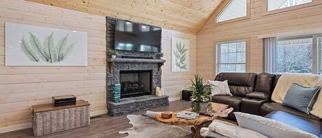 Smart TV, chimenea y libros