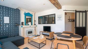 Televisión, chimenea, videojuegos y reproductor de DVD