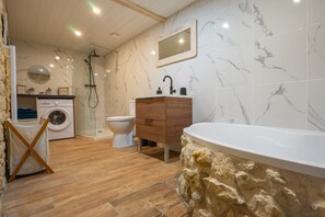 Douche, séchoir à cheveux, serviettes fournies