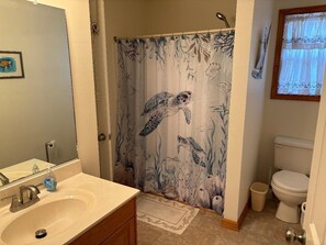 Hair dryer, towels, soap, toilet paper