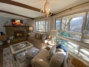 Smart TV, fireplace, books