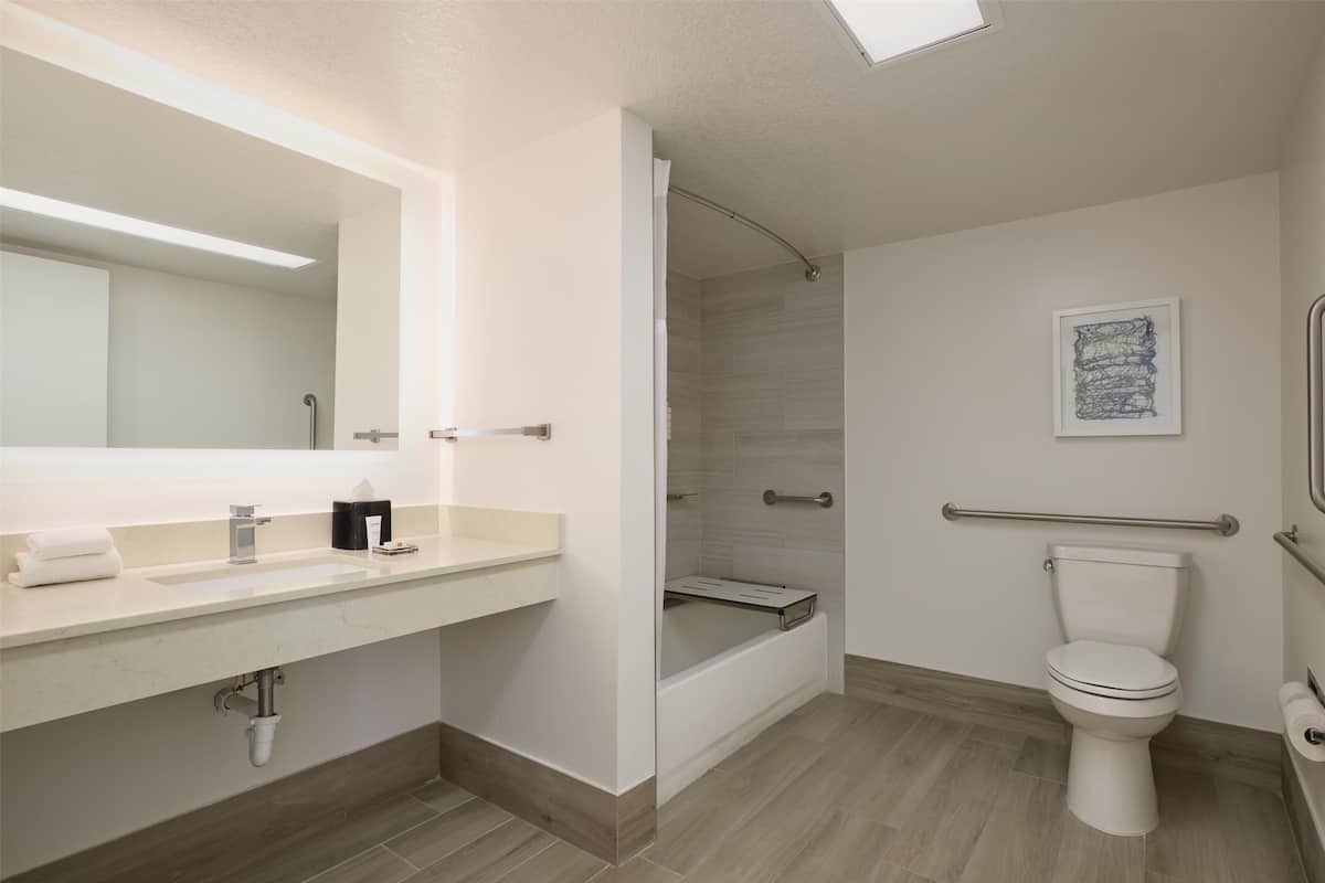 Hair dryer, towels, soap, shampoo
