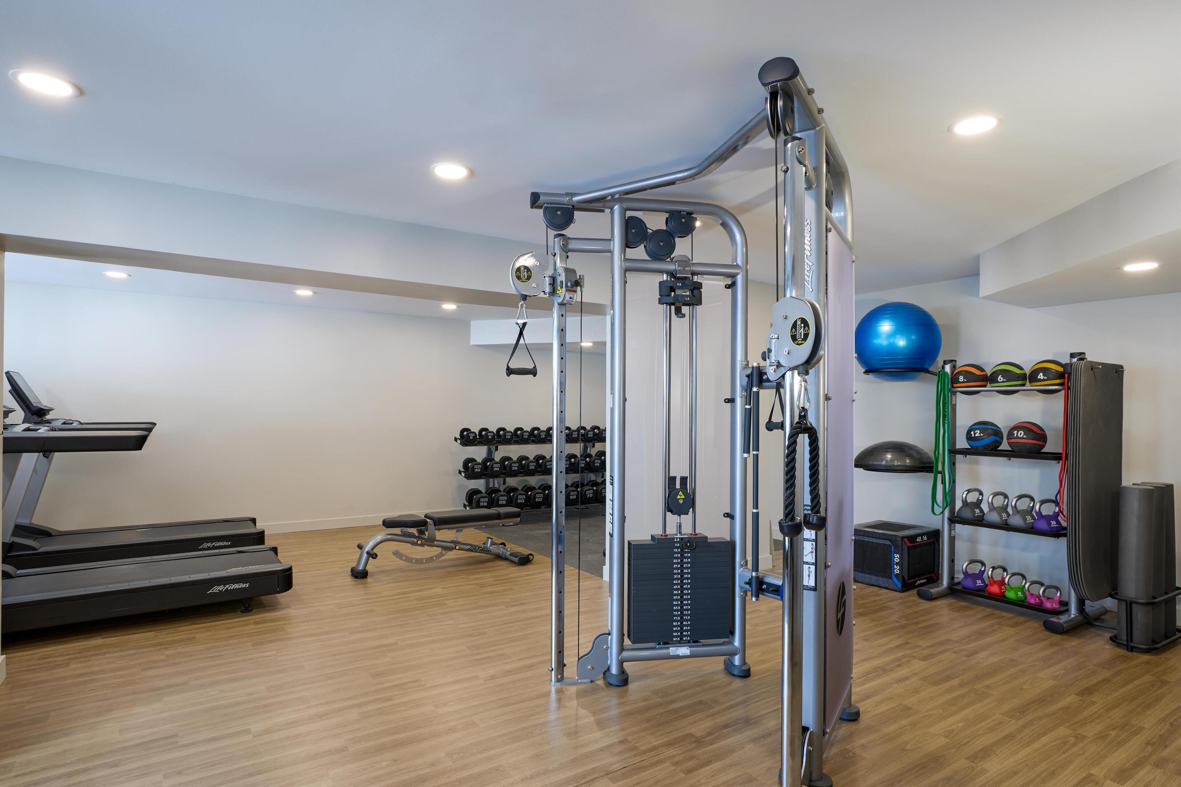 A gym with a treadmill, weight machines, kettlebells, and exercise balls.