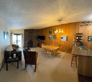 TV, fireplace, table football, books