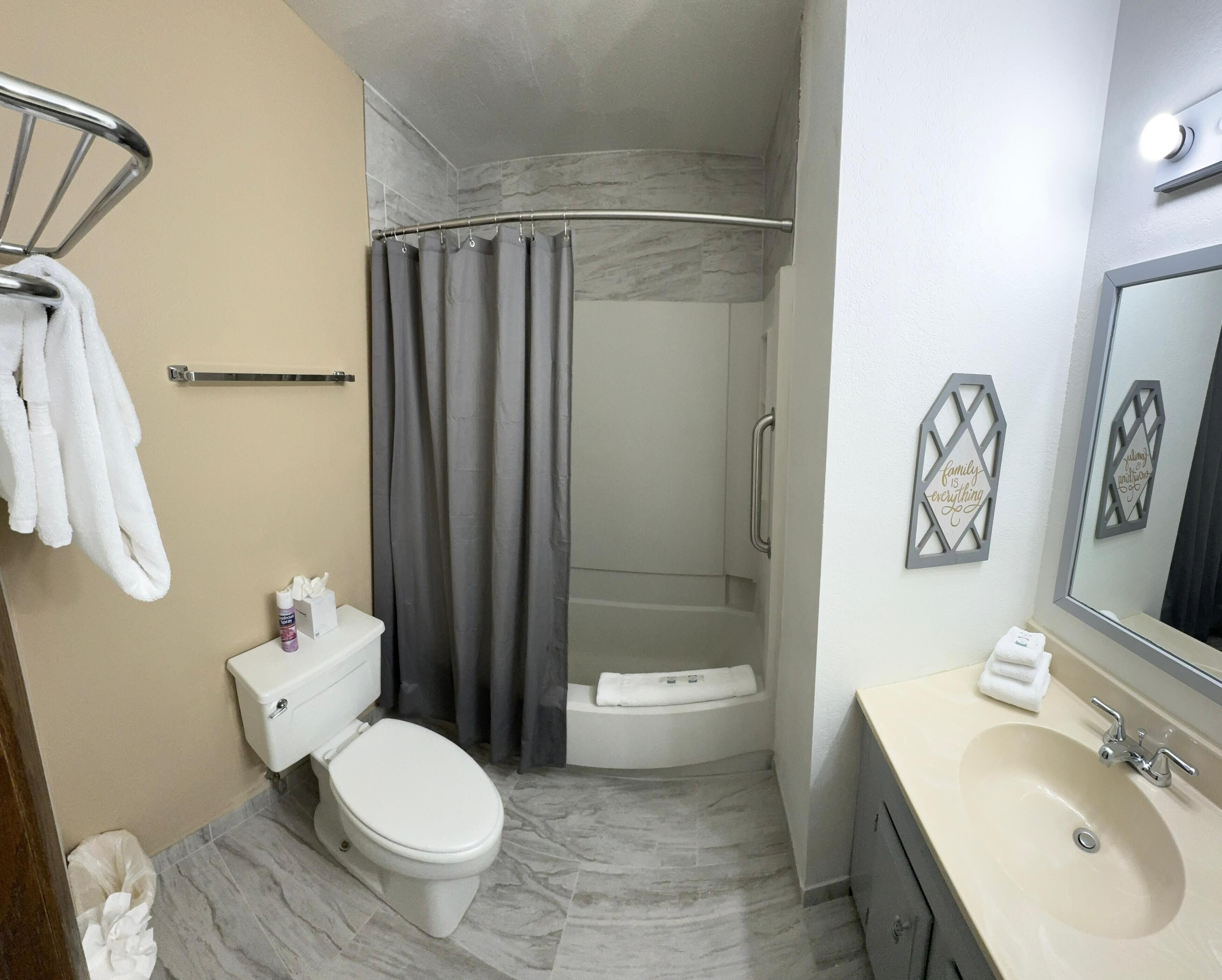 Une salle de bain comprenant des toilettes, un lavabo, une douche et un porte-serviettes.