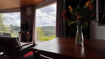 Un comedor con una mesa de madera, sillas, un jarrón con flores, un televisor y vistas al exterior.