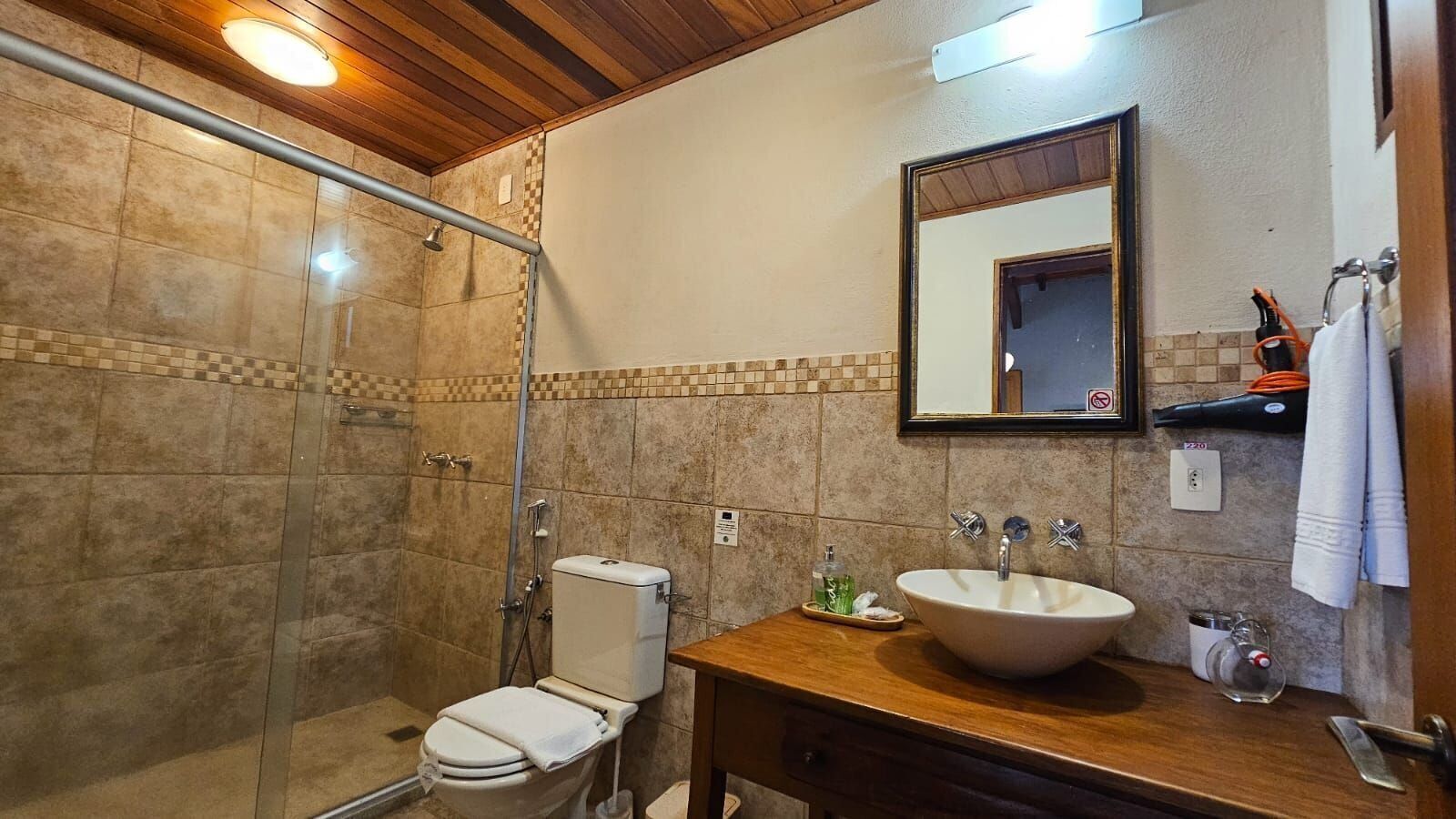A bathroom with a glass shower enclosure, a toilet, a sink with a mirror, and a towel rack.