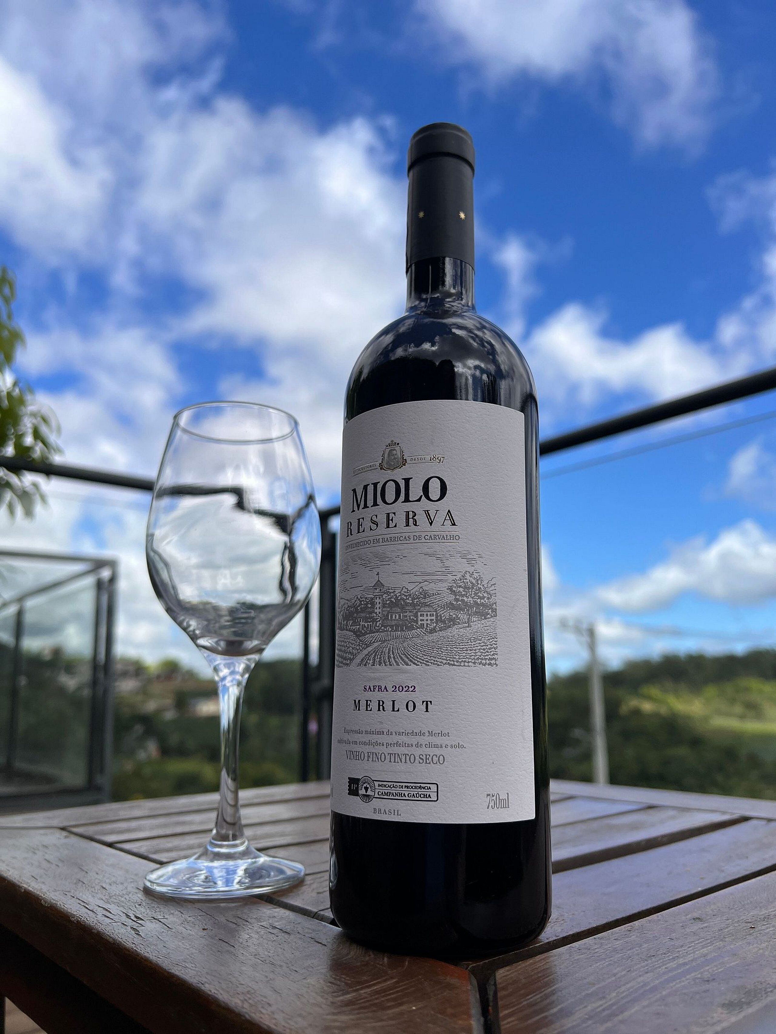 A bottle of Molo Reserva Merlot wine and a wine glass on a wooden table with a scenic view in the background.