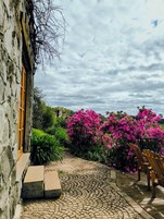 Un edificio de piedra con puerta y ventana de madera, un camino de adoquines y flores rosadas vibrantes al fondo.