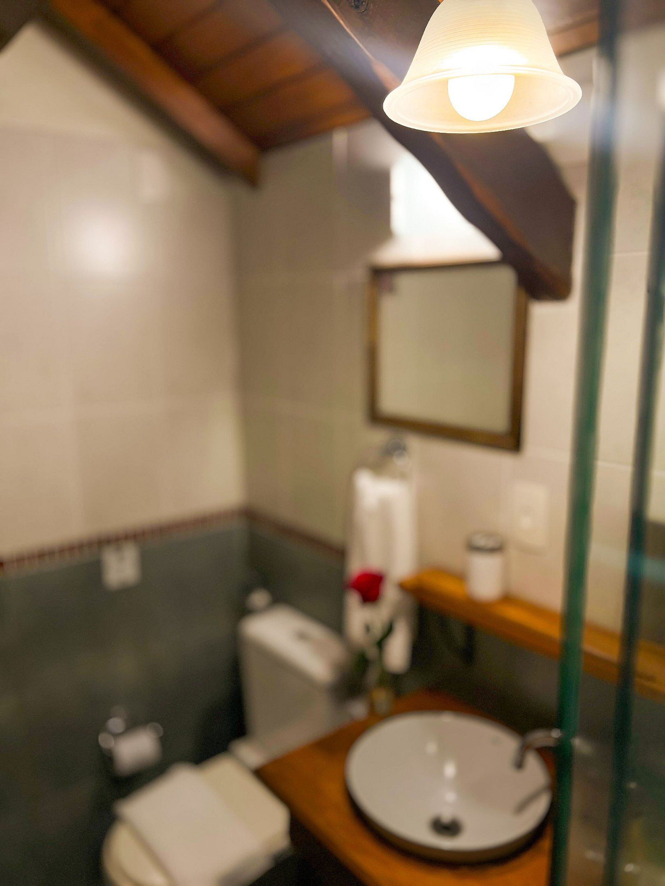A bathroom with a toilet, sink, and mirror.