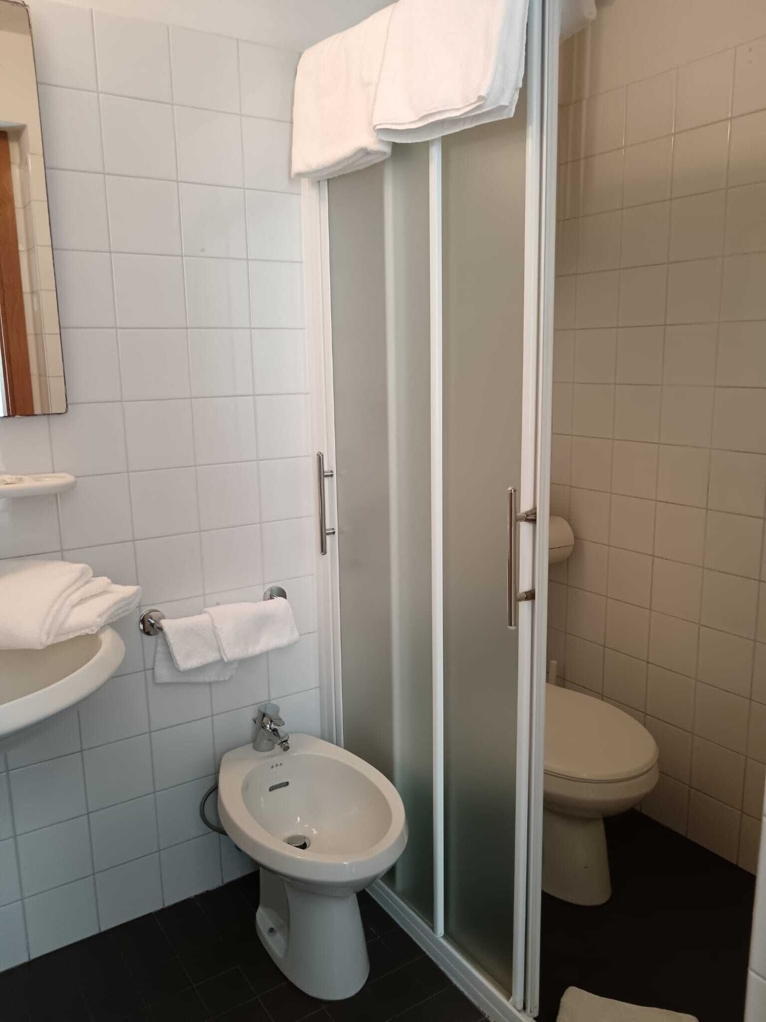 A bathroom with a bidet, toilet, and a glass-enclosed shower.