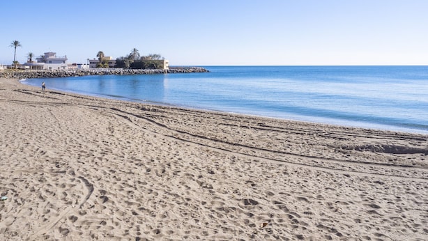 Una playa arenosa con huellas que conducen a un rompeolas rocoso, con edificios y palmeras.