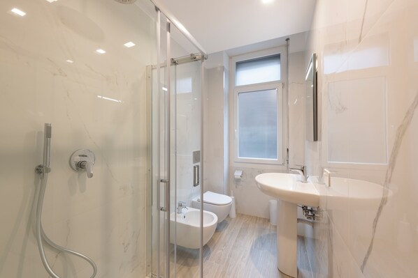 Shower, hair dryer, bidet, towels