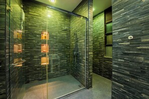 Hair dryer, towels, soap, shampoo