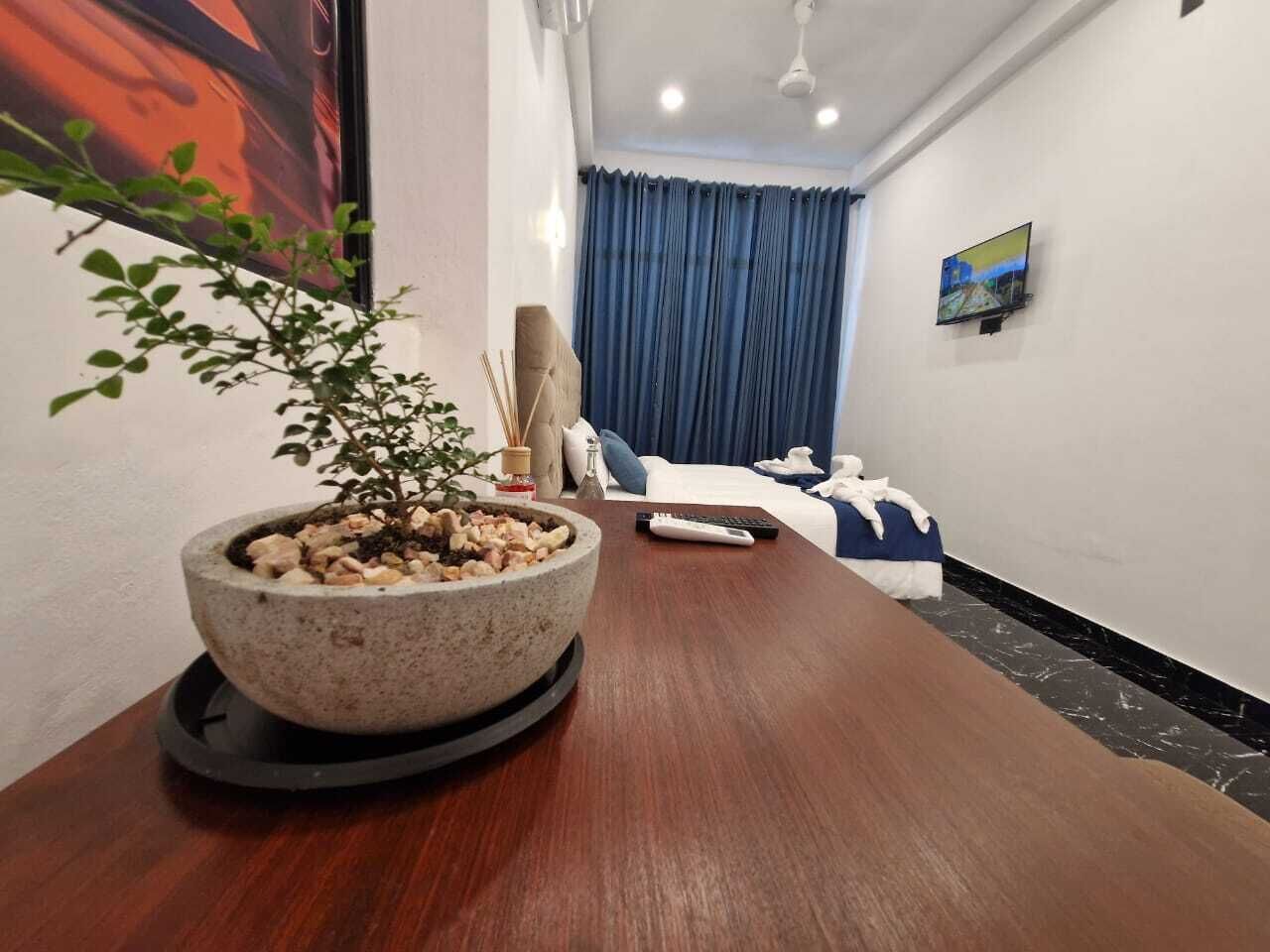 A modern hotel room with a wooden dining table, a stone planter with a bonsai tree, a bed with blue curtains, and a television on the wall.