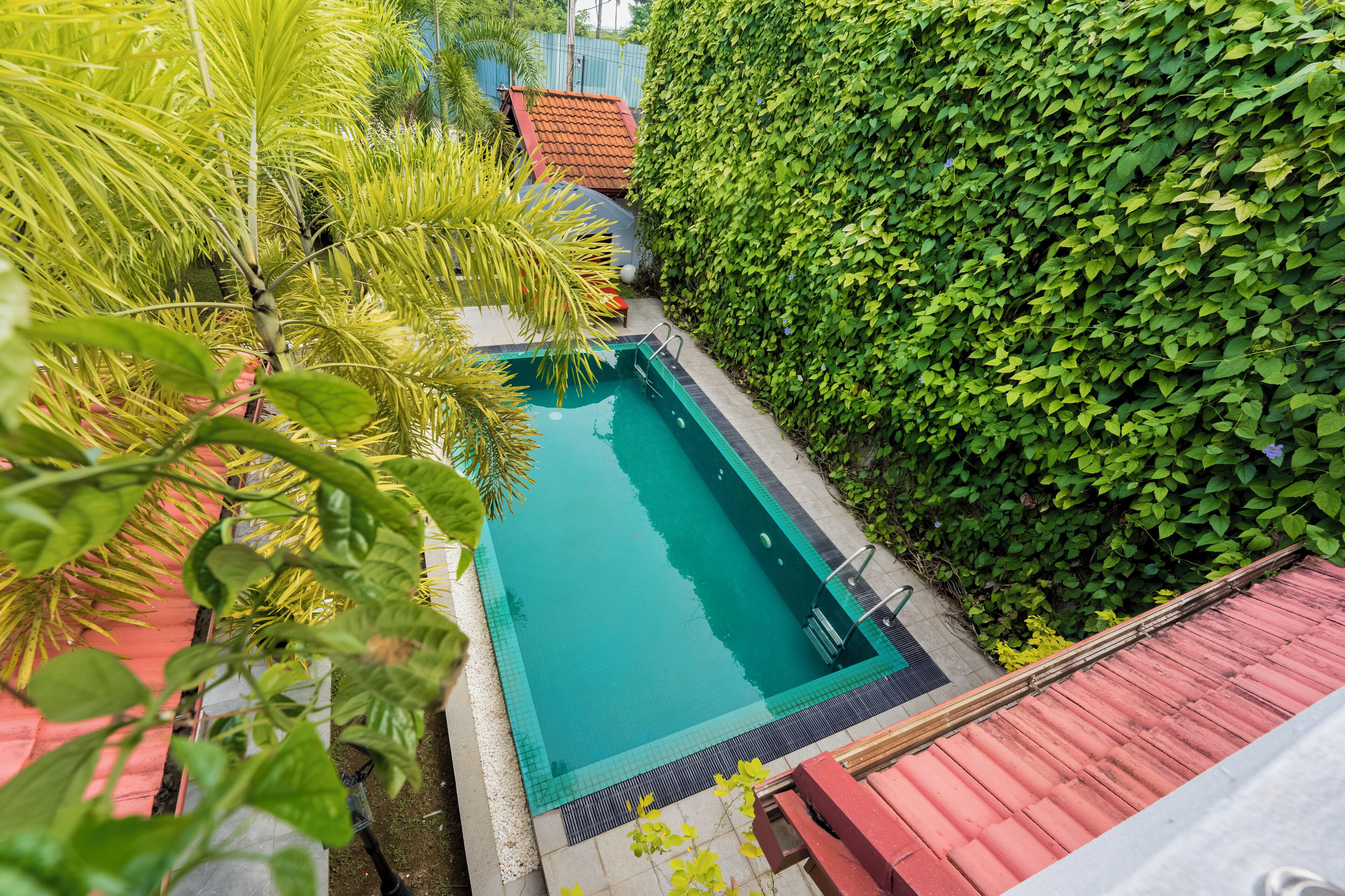 A rectangular swimming pool surrounded by lush greenery and a red-roofed building.