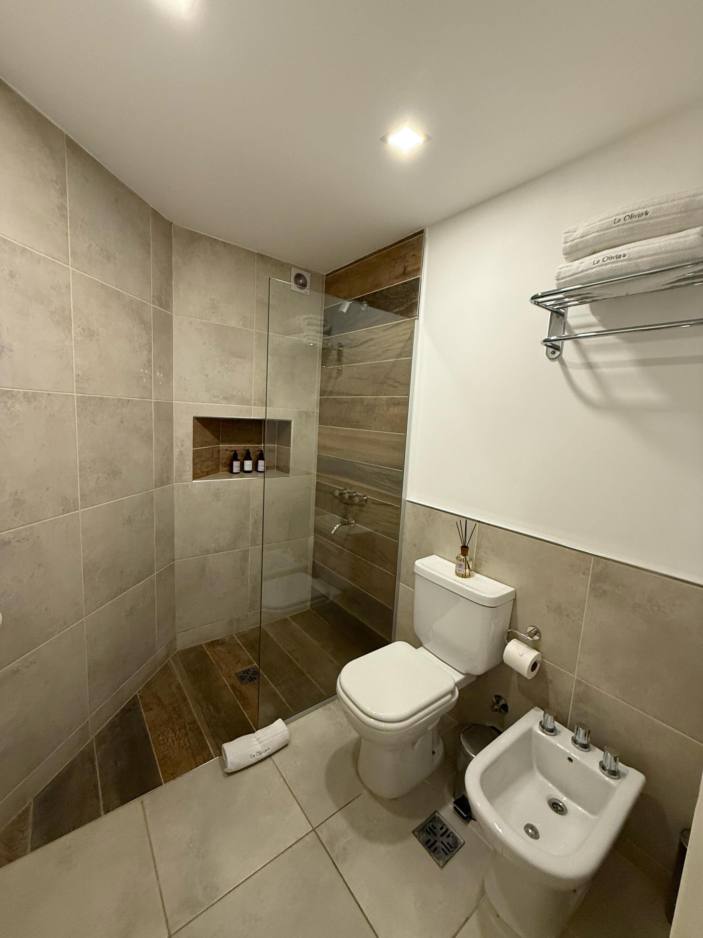 A modern bathroom with a shower, toilet, bidet, and a towel rack.
