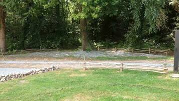 A fenced outdoor area with a gravel path, surrounded by trees and grass.