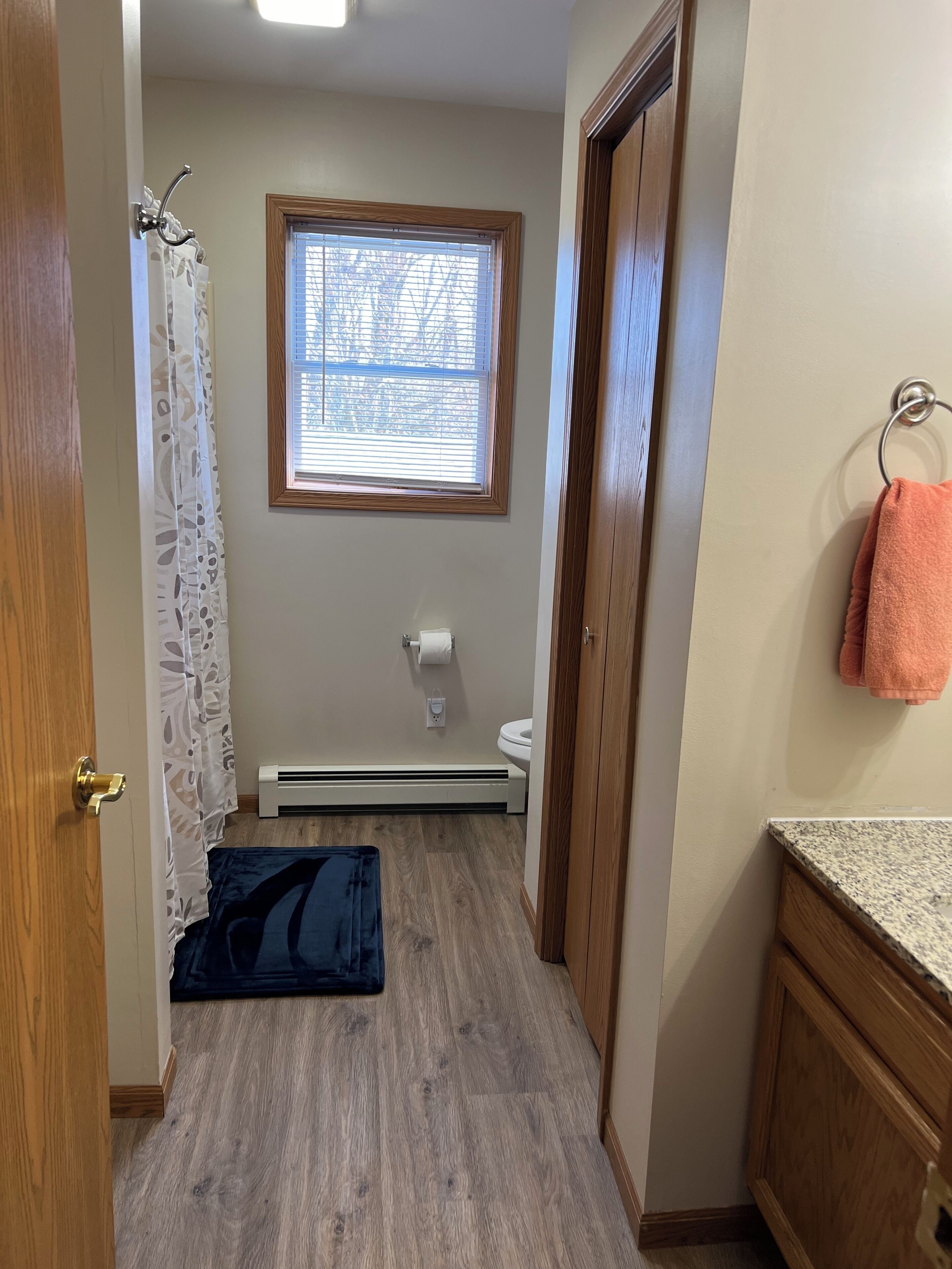 Hair dryer, towels, soap, toilet paper