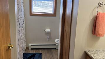 Hair dryer, towels, soap, toilet paper