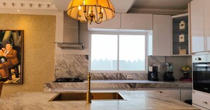 Fridge, microwave, coffee/tea maker, blender