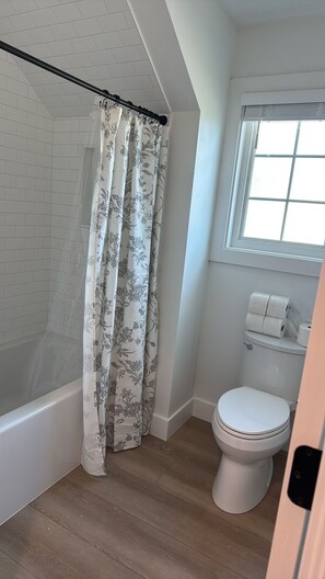 Hair dryer, towels, soap, shampoo