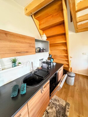 Frigorífico, microondas, horno y placa de cocina