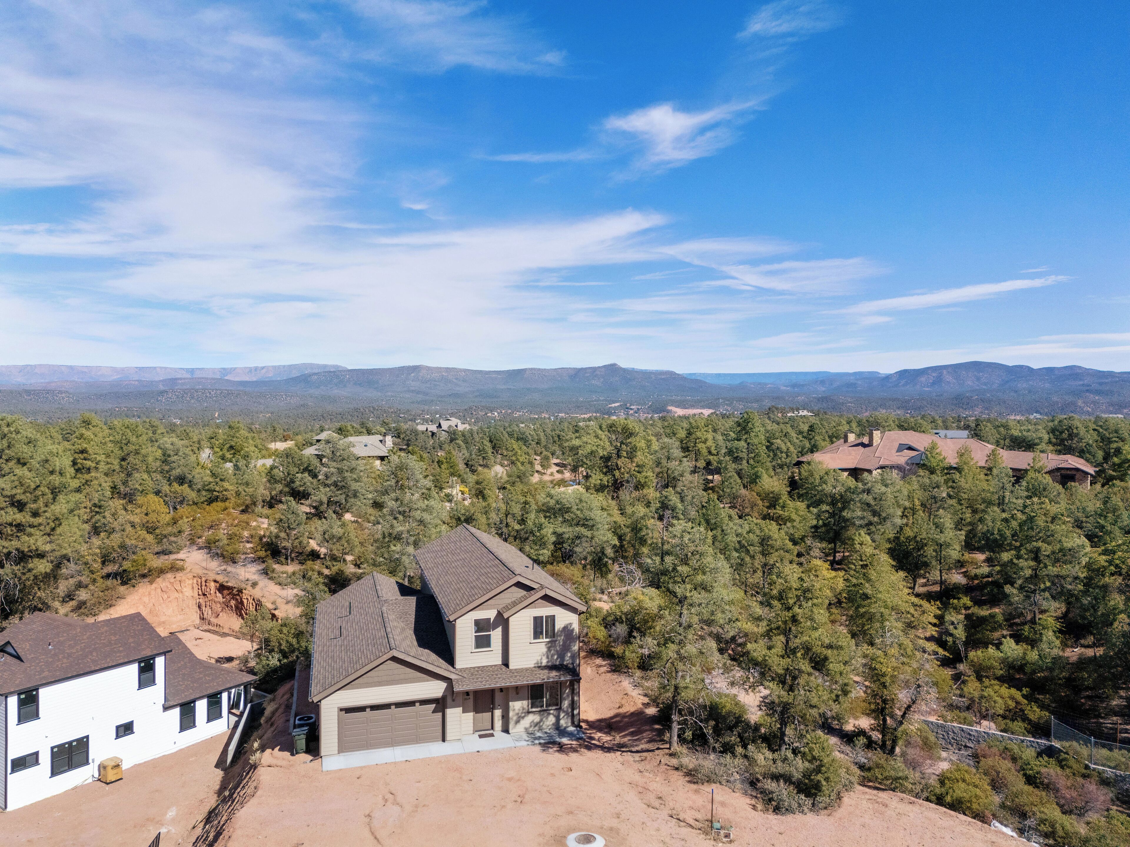 A residential area with houses surrounded by dense forest and mountains in the background.