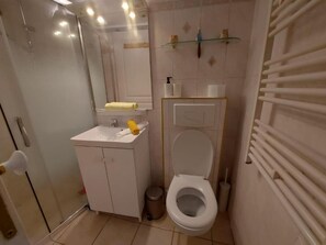 Dusche, Haartrockner, Handtücher, Toilettenpapier