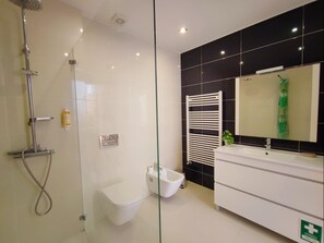Chuveiro, secador de cabelo, toalhas de banho 