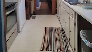 A narrow kitchen with wooden walls, a refrigerator, an oven, and a window with lace curtains. - Historic year-round cabin along lakeshore w/dock (Andersonville)