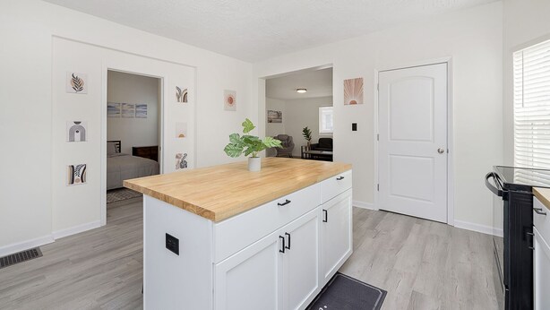 A modern kitchen with a wooden countertop, white cabinets, and a potted plant.