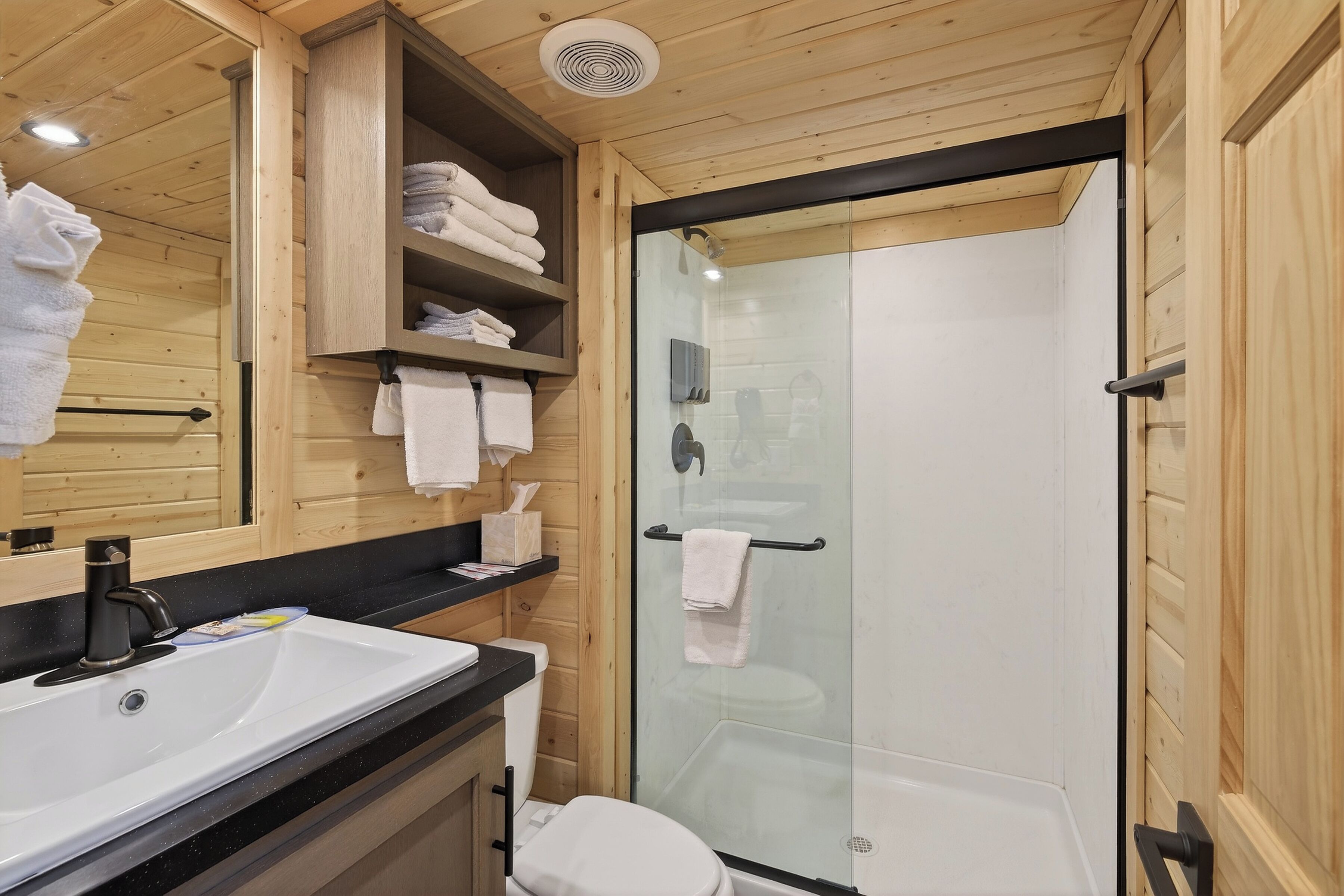 A modern bathroom with a wooden interior, a glass-enclosed shower, a white sink, and a toilet.