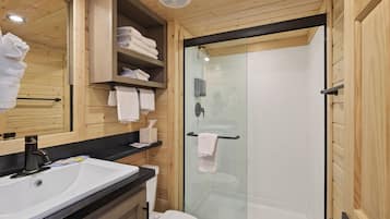A modern bathroom with a wooden interior, a glass-enclosed shower, a white sink, and a toilet.