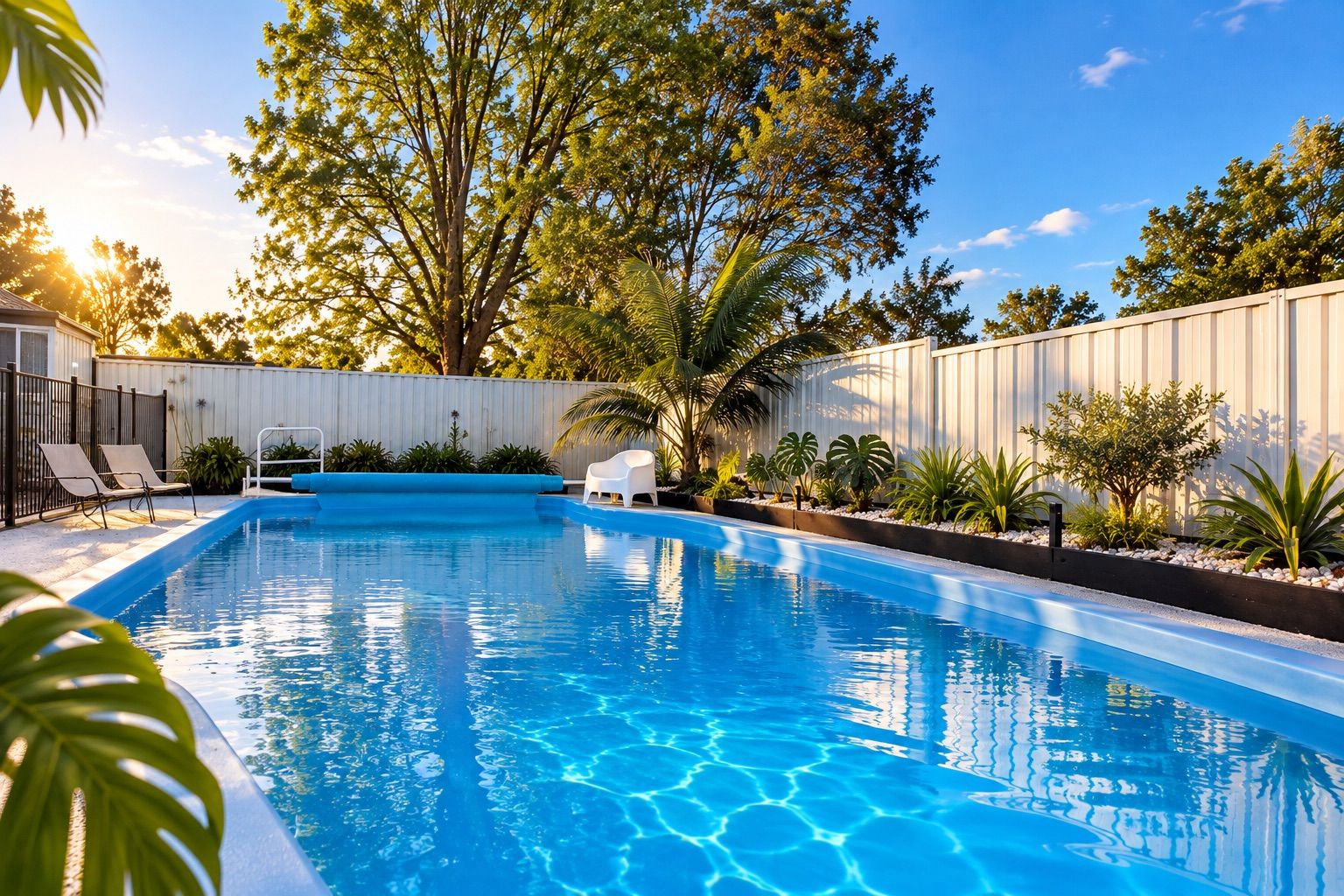 A swimming pool with clear blue water, surrounded by a white fence, and shaded by trees.