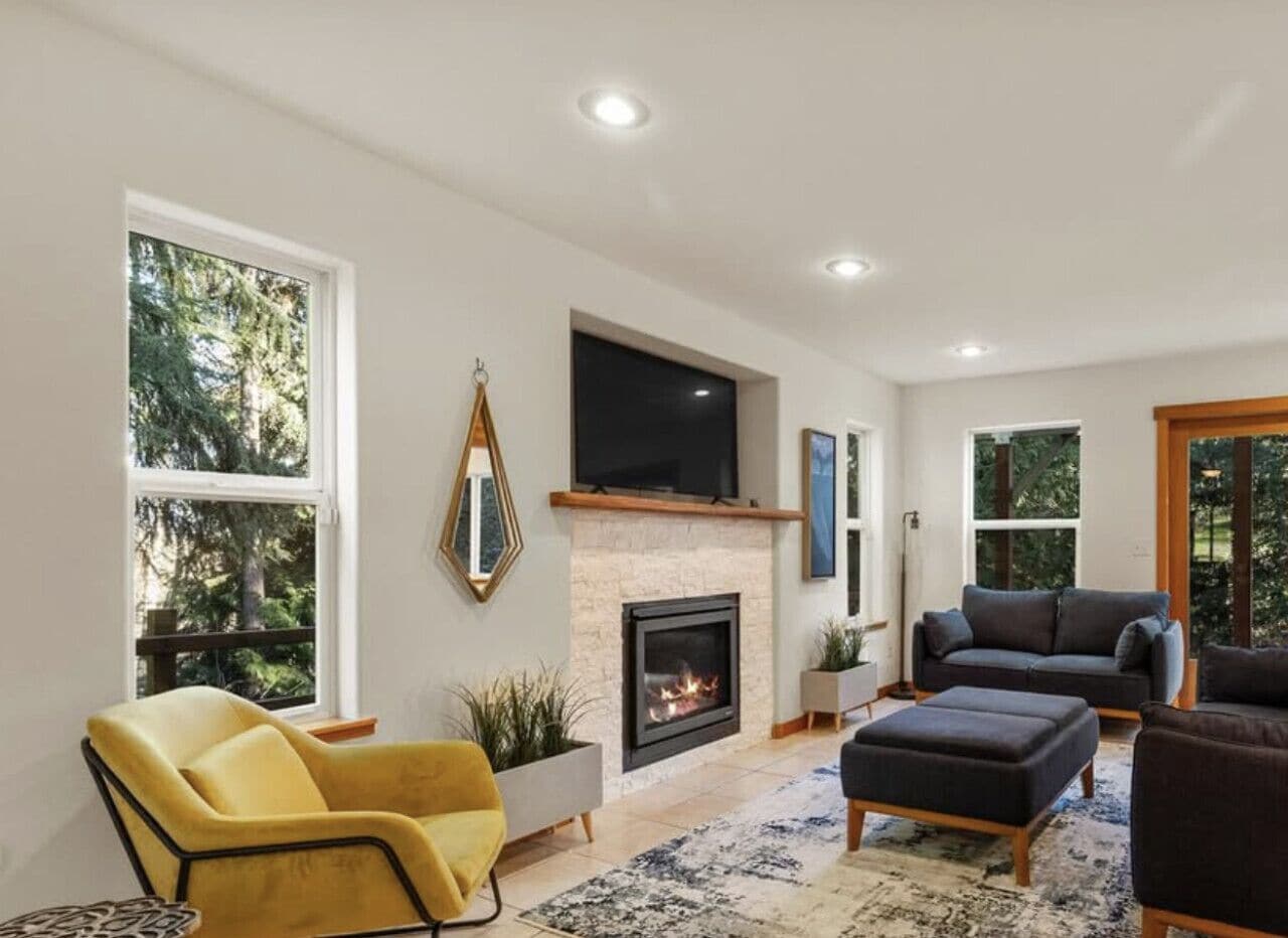 TV connectée, cheminée, jeux vidéo, lecteur de DVD