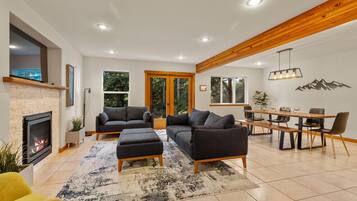 Smart TV, fireplace, video games, DVD player