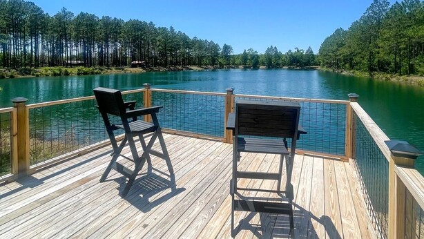 A wooden deck with two chairs facing a calm lake, surrounded by trees and a clear blue sky. - 81 Pines-The Cabin (Waycross)