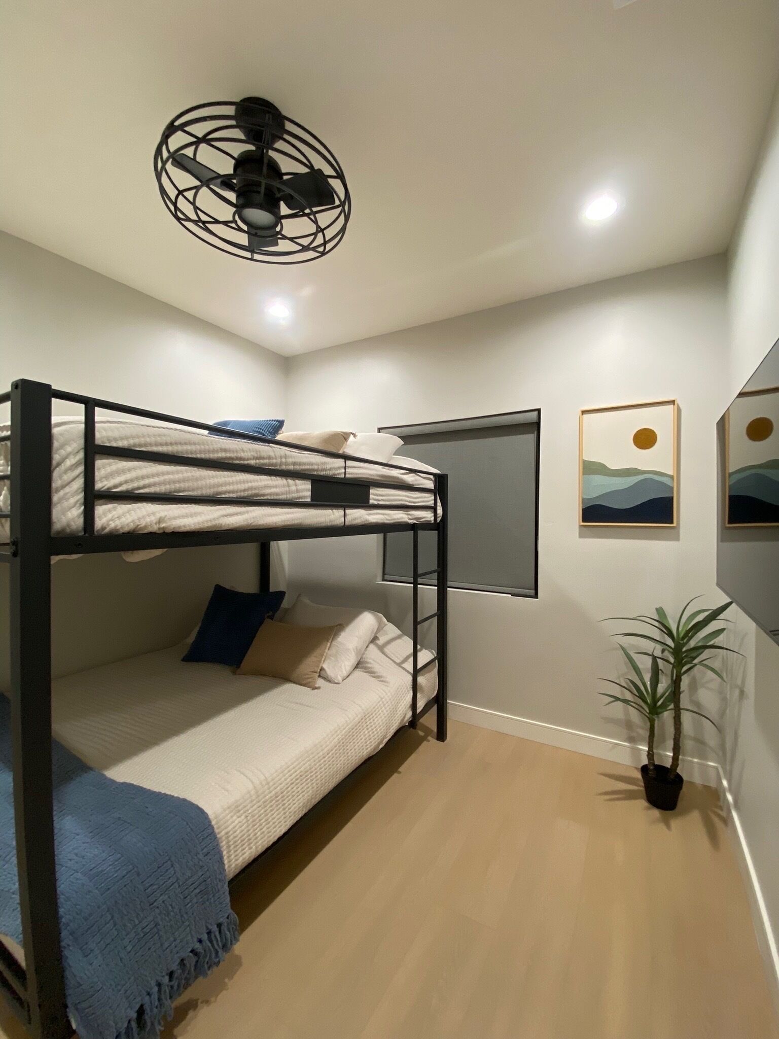 A bunk bed room with a ceiling fan, a potted plant, and framed artwork on the wall.