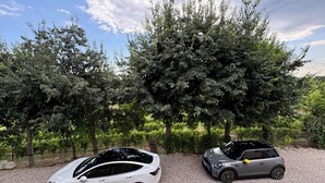 Dos cotxes aparcats sobre un sòl de grava amb arbres al fons.