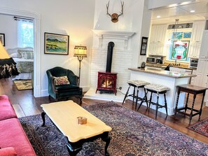 TV, fireplace, books