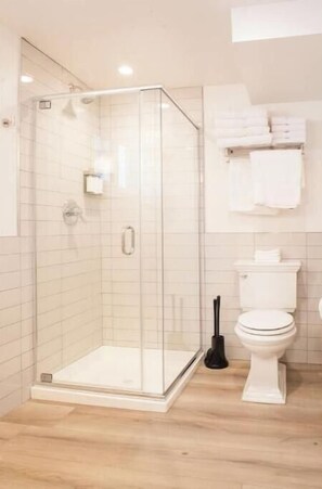 Hair dryer, towels, soap, toilet paper