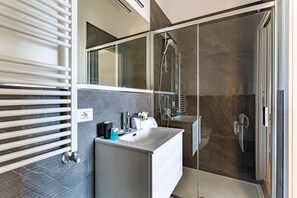 Shower, hair dryer, bidet, towels